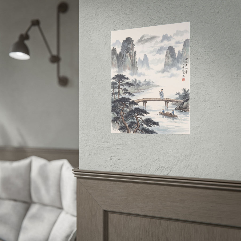 Landscape rolled poster mounted on wall, depicting misty mountains, river, bridge, and boats