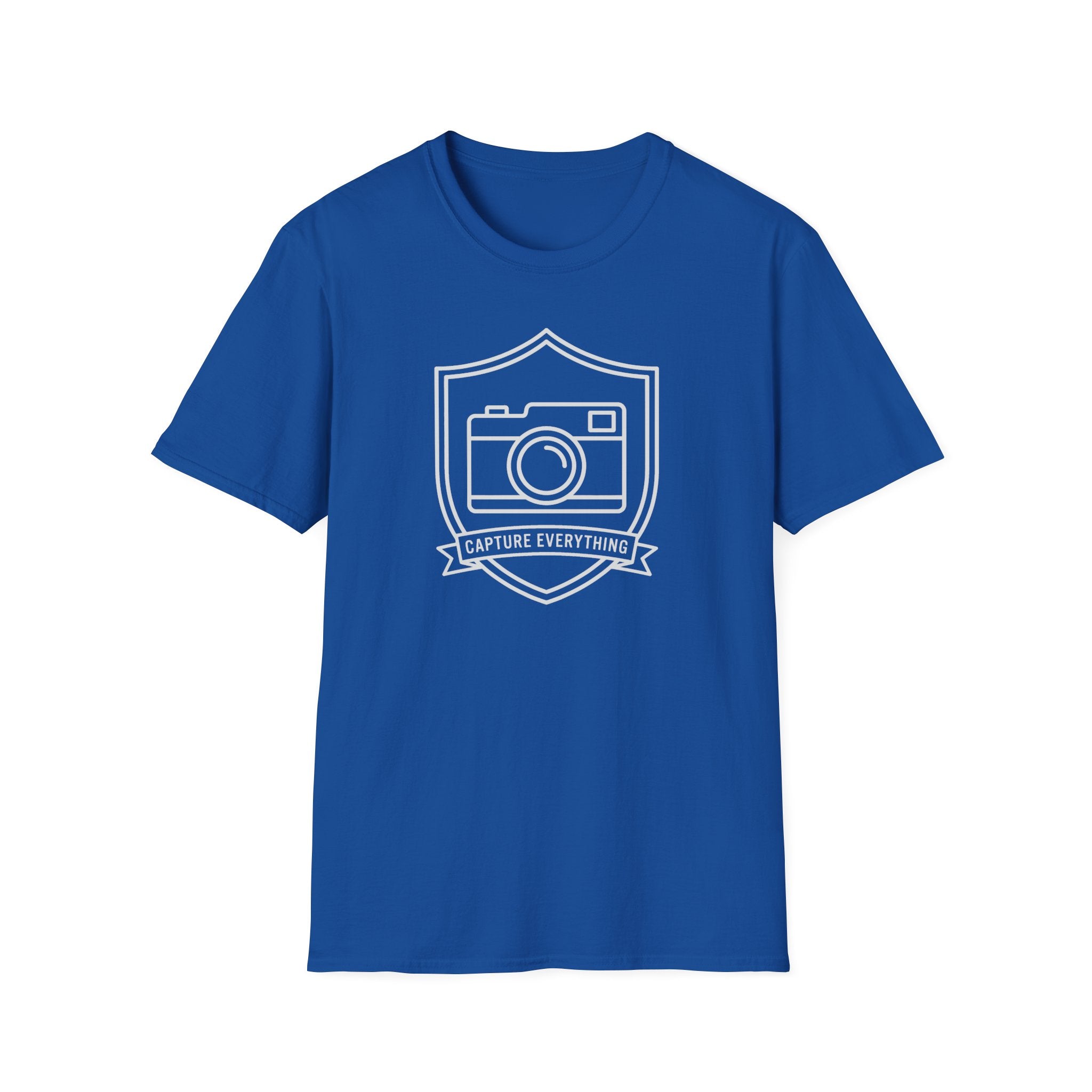 Royal blue T-shirt with front graphic of a camera inside a shield and banner