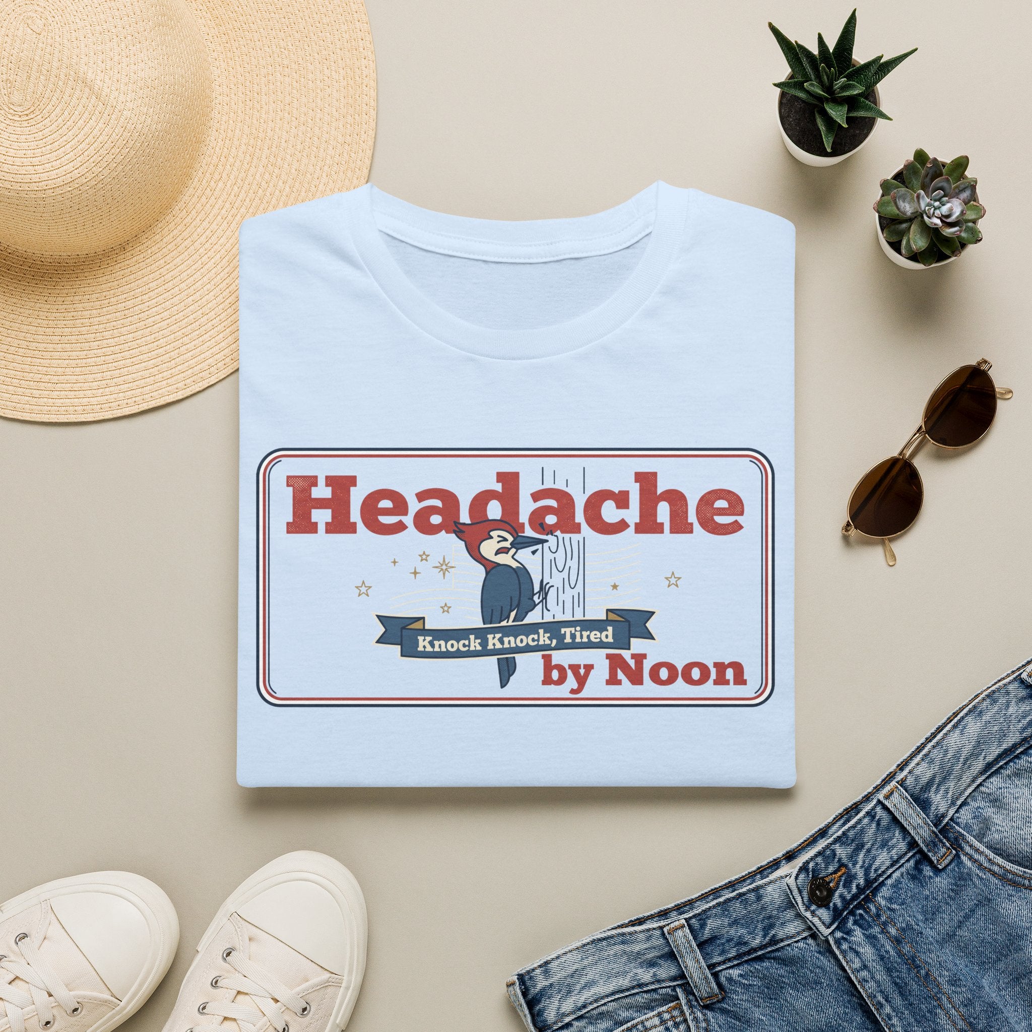 Funny Headache T-Shirt | Knock Knock Tired by Noon Retro Graphic Tee | Sarcastic Humor Gift