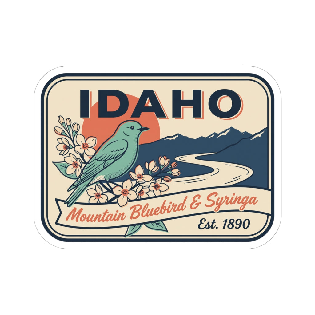 Rounded vinyl sticker showing IDAHO, Mountain Bluebird & Syringa, and Est. 1890