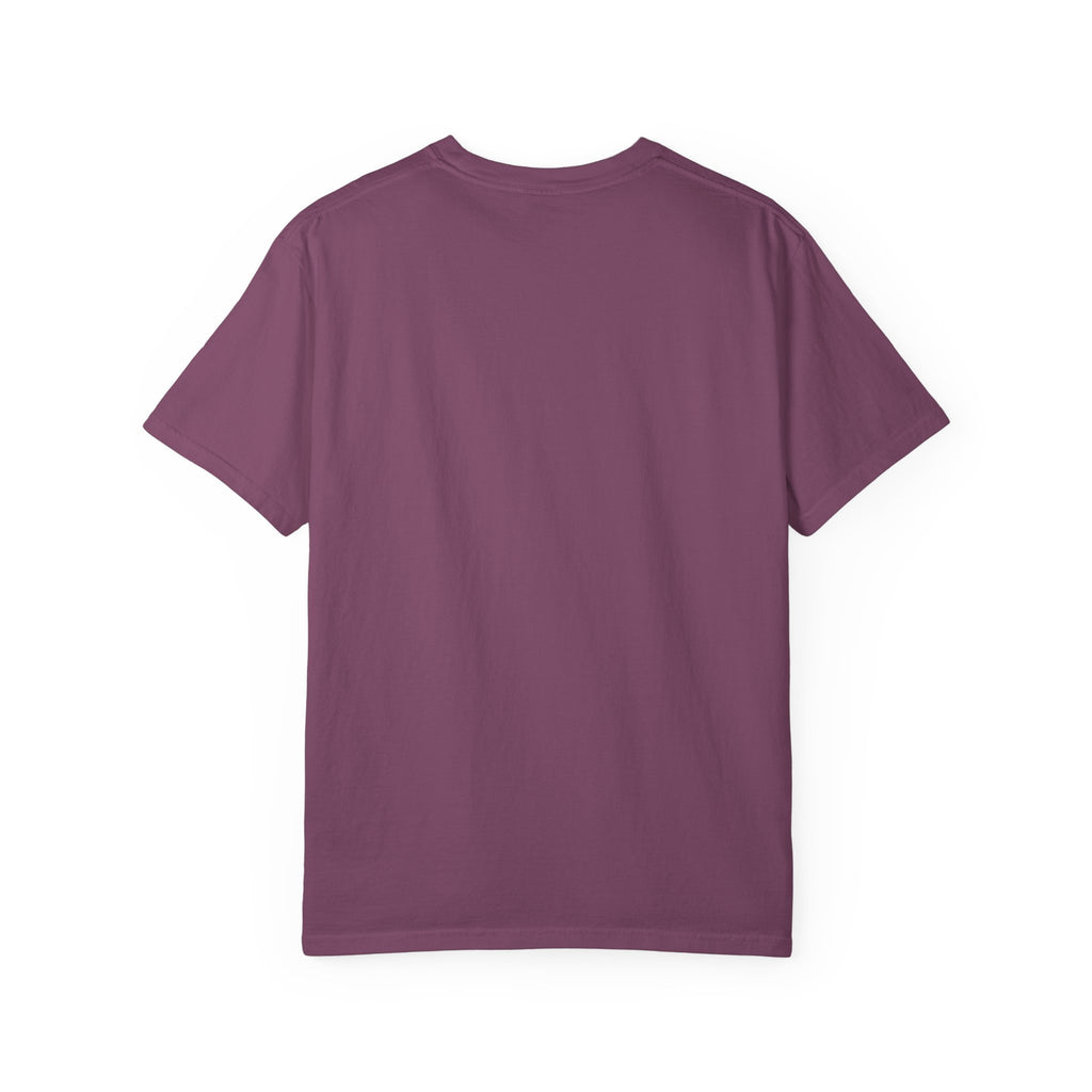 Plum-purple crewneck T-shirt, plain front, short sleeves