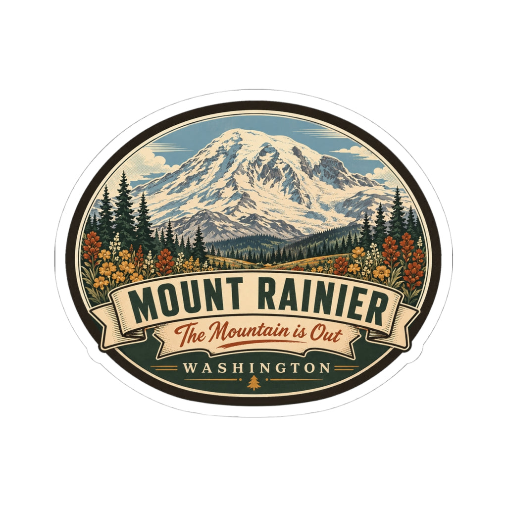 Oval Mount Rainier travel sticker with mountain peak, wildflowers, and WASHINGTON banner text