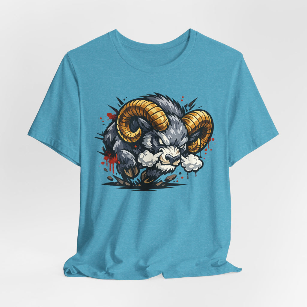 Charging Ram Illustration T-Shirt | Angry Horned Animal Graphic Tee, Wild Bighorn Art Unisex Gift