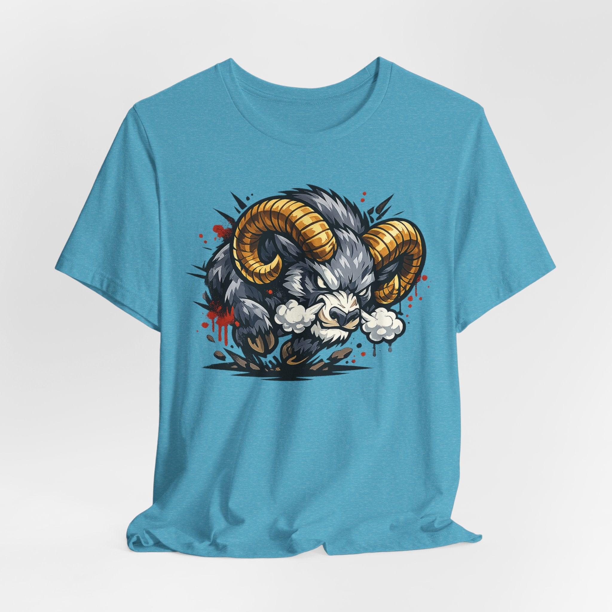 Charging Ram Illustration T-Shirt | Angry Horned Animal Graphic Tee, Wild Bighorn Art Unisex Gift