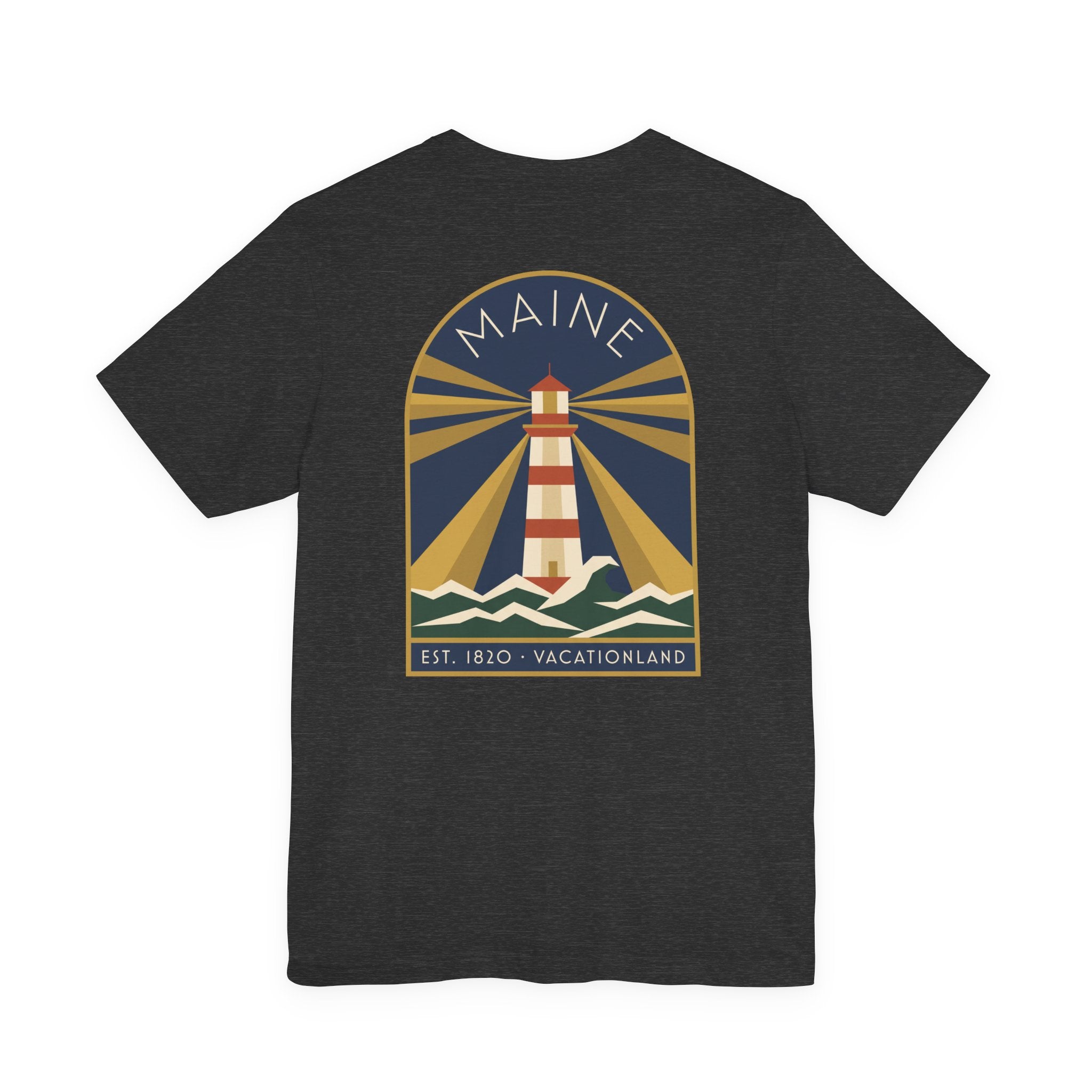Dark charcoal crewneck T-shirt with vintage lighthouse graphic in circular badge