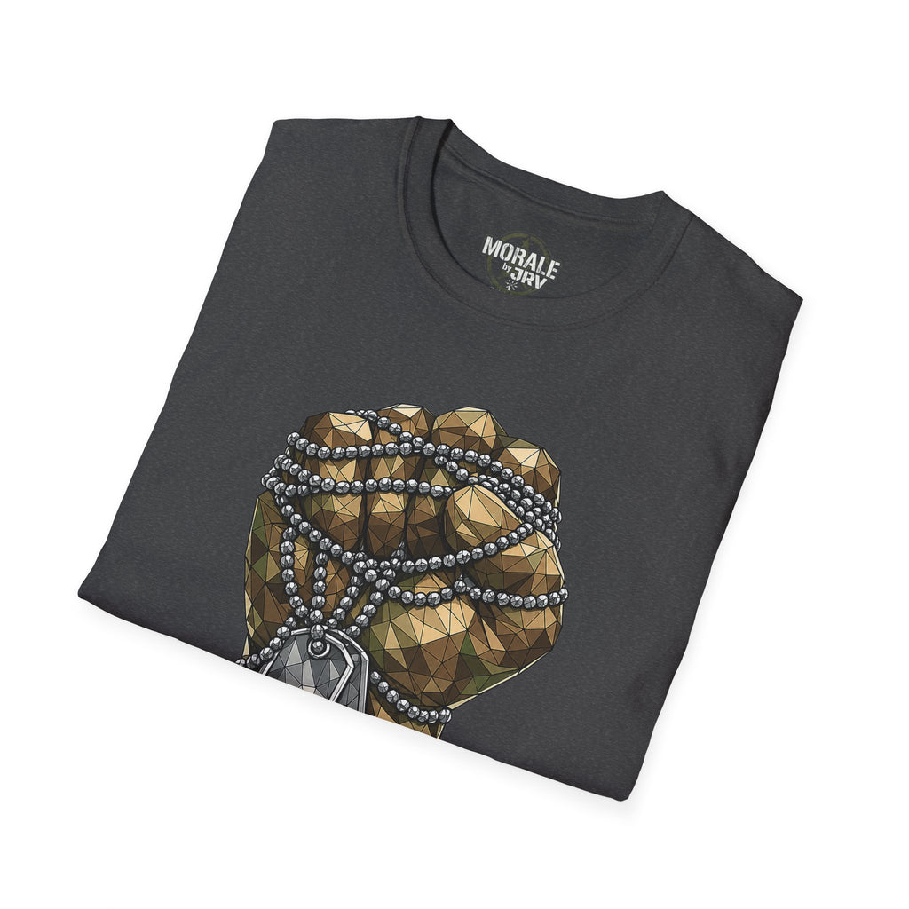 Dark heather T-shirt with large dog-tag graphic and 'Morale TRV' logo