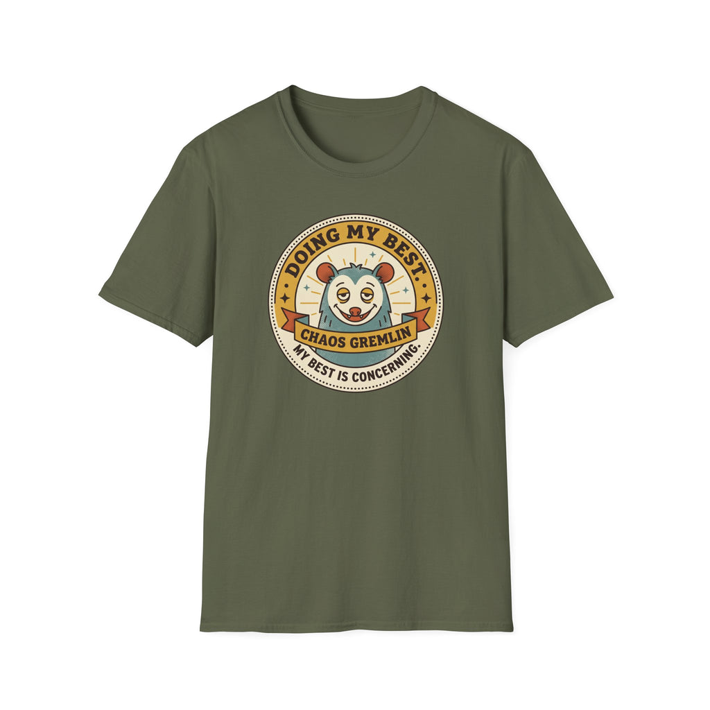 Olive green Chaos Gremlin graphic T-shirt with circular mascot logo on front