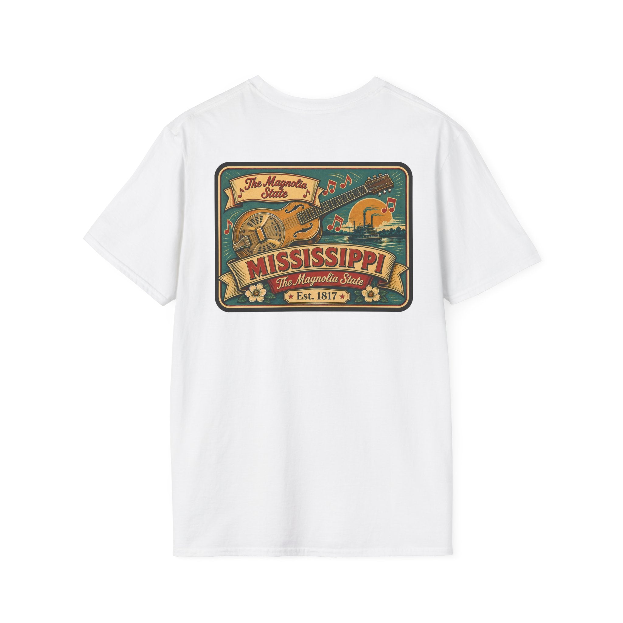 White Mississippi Riverboat T-shirt with colorful Mississippi front graphic