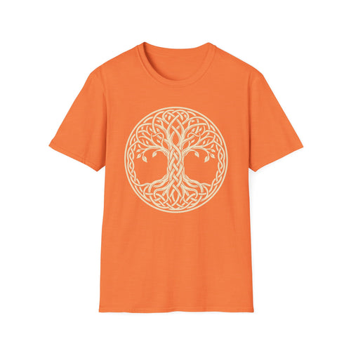 Orange T-shirt with white Celtic tree of life knotwork in a circular emblem