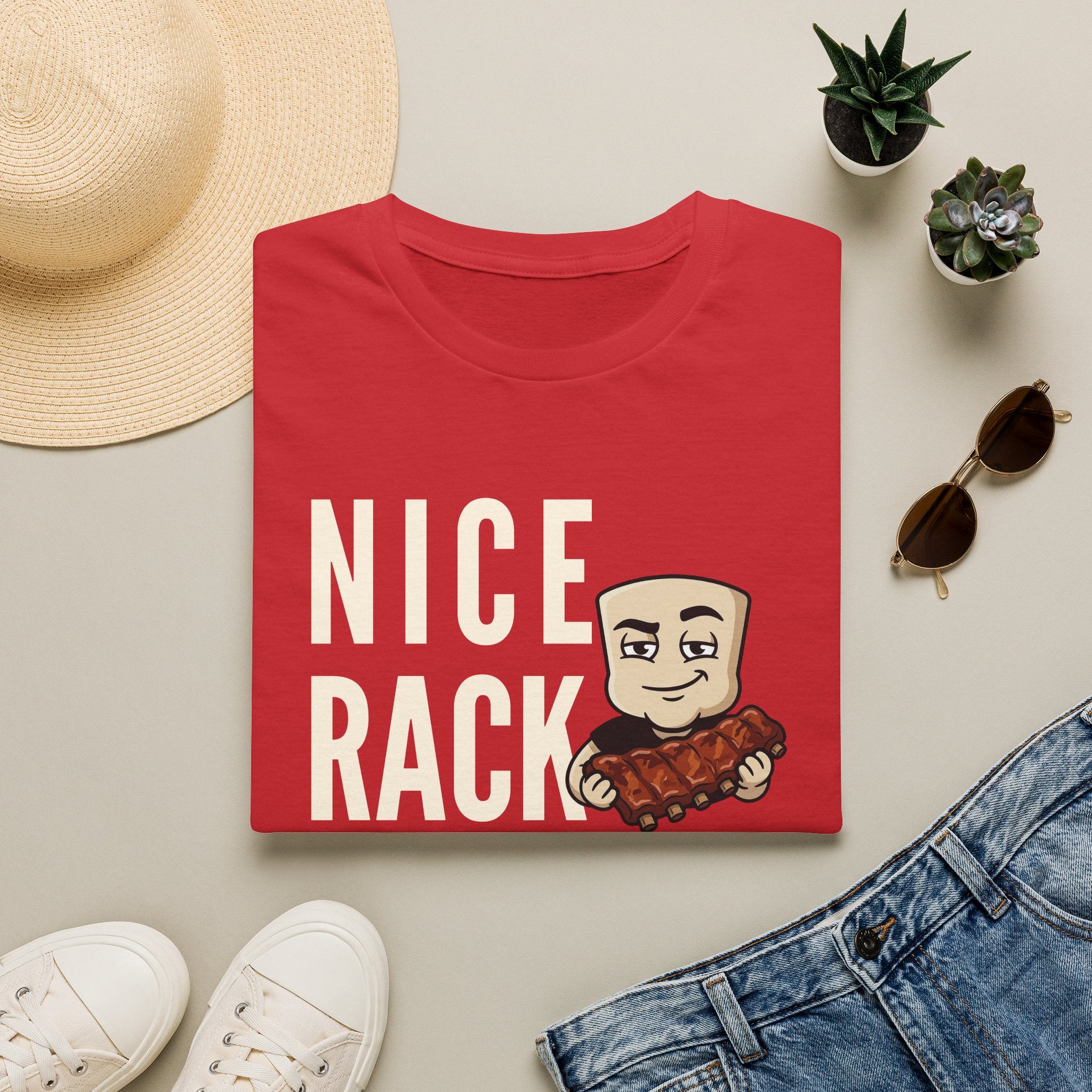 Nice Rack T-Shirt | Funny BBQ Ribs Grilling Tee | Cookout Humor Food Pun Gift