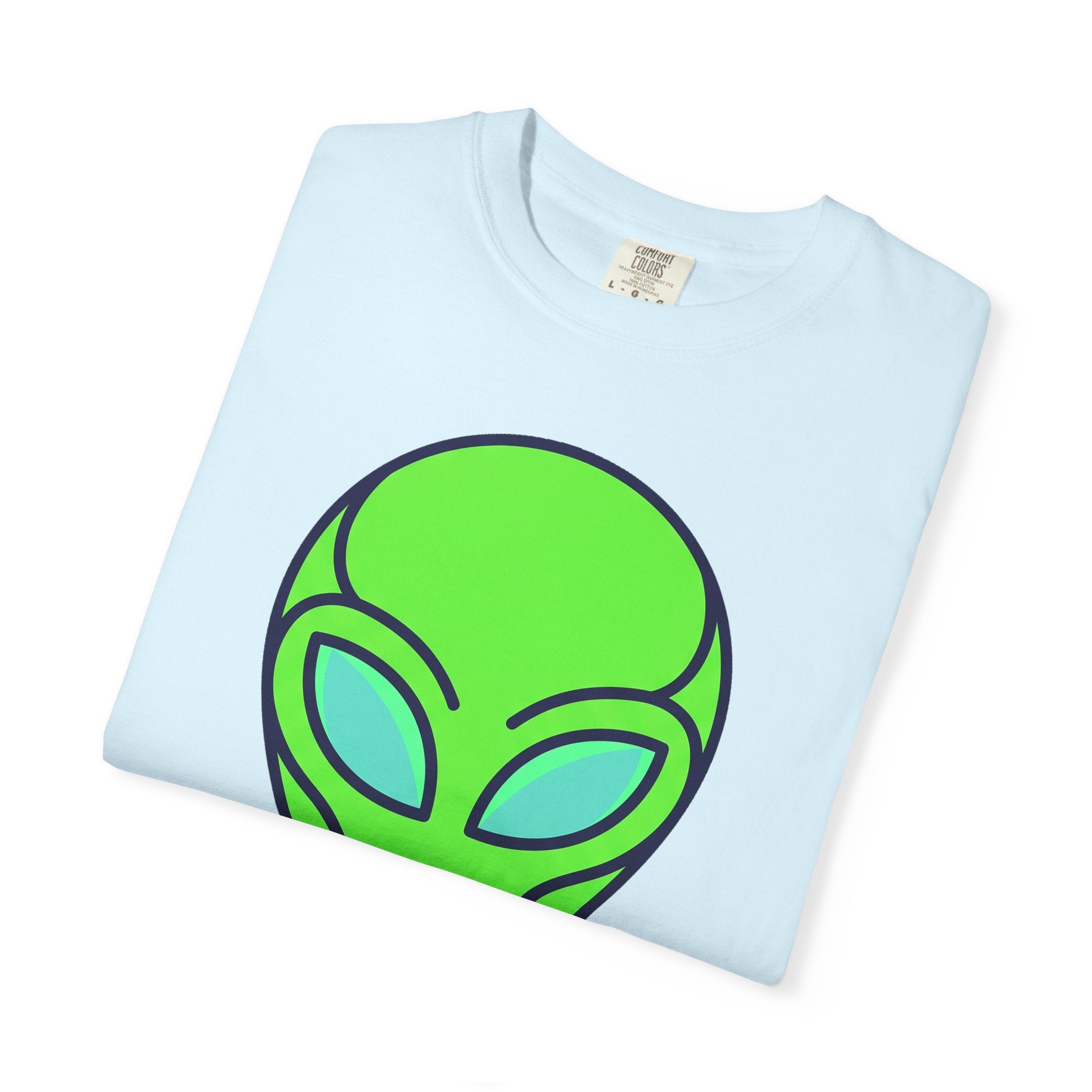 Light blue alien visitor T-shirt with neon green UFO face graphic, crew neck