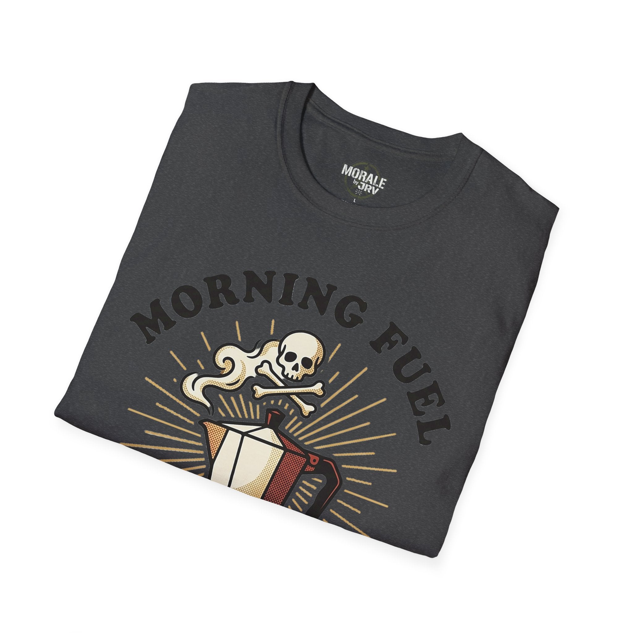 Dark heather T-shirt with MORNING FUEL skull coffee cup graphic