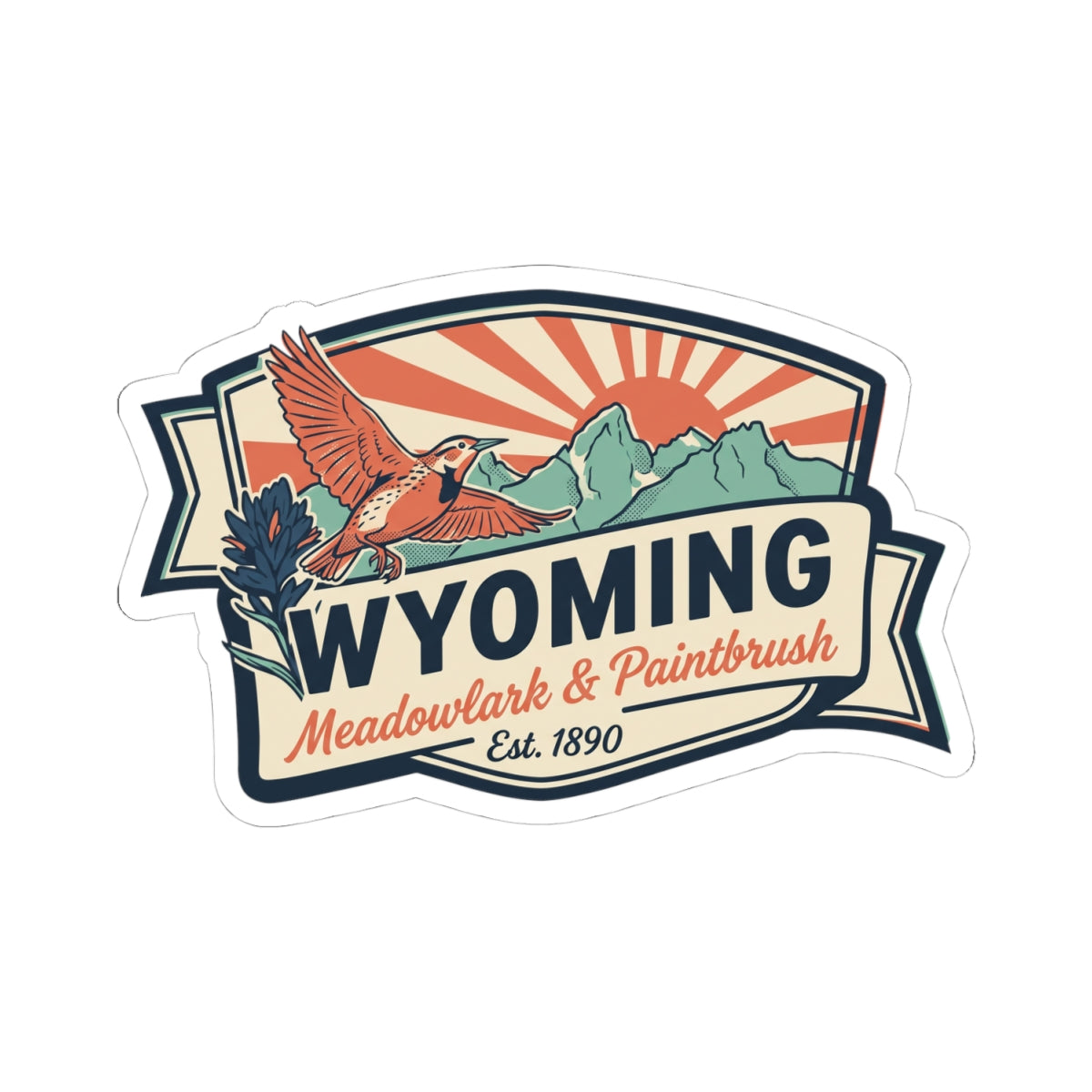 Kiss-cut Wyoming badge sticker with orange meadowlark, teal mountains, and Est. 1890