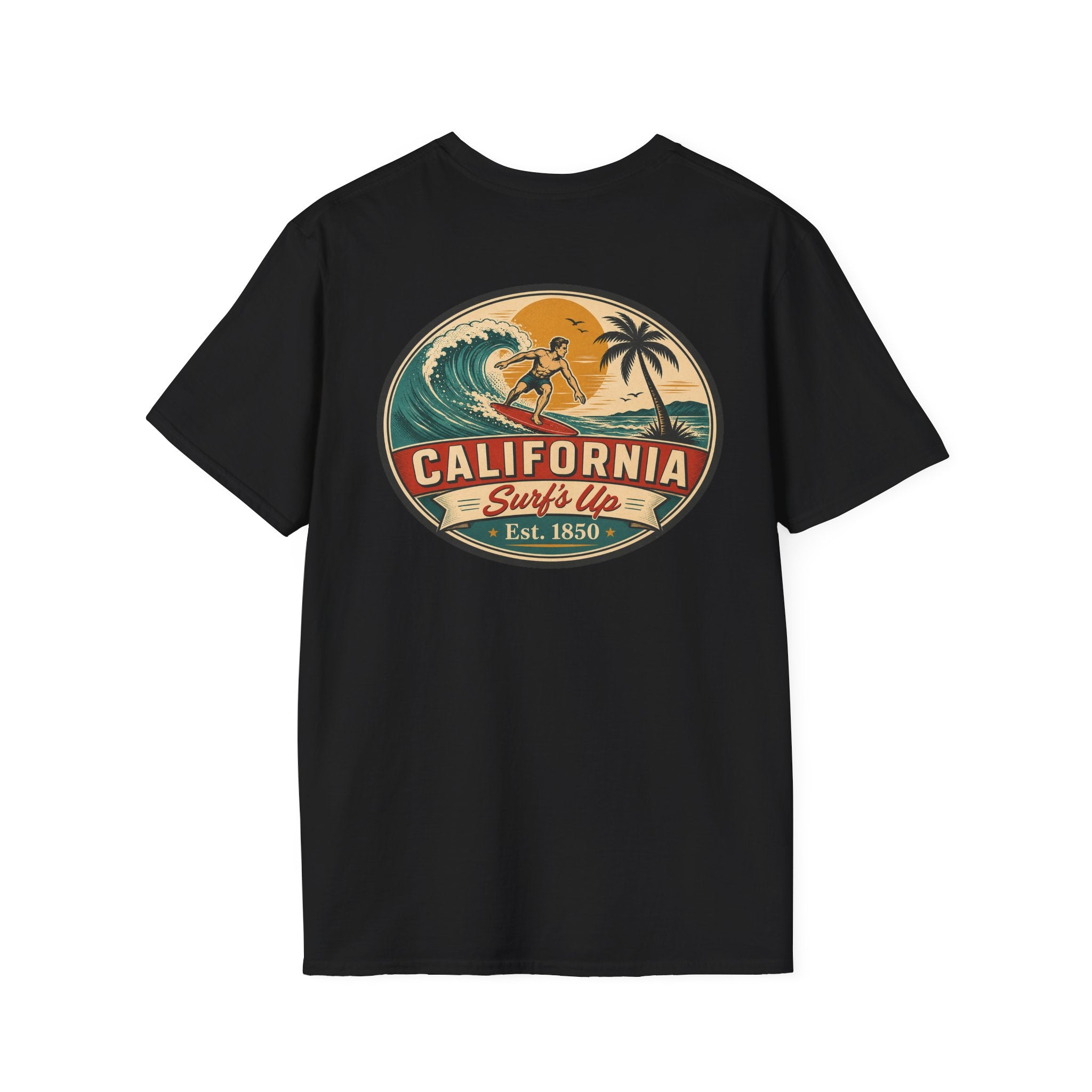 Black California Surfs Up T-shirt with oval surf graphic on chest