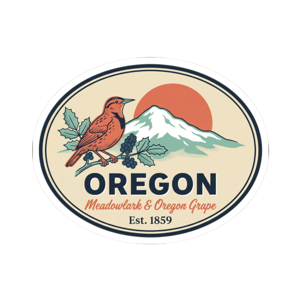 Oregon travel sticker showing meadowlark, grape cluster, mountains, and Est. 1859 text.