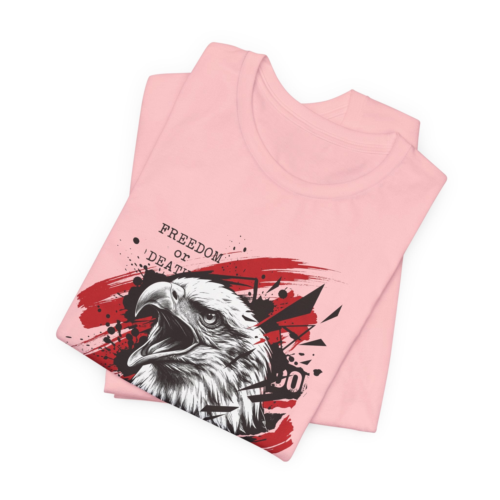 Blush pink T-shirt with bald eagle graphic and red paint-splatter design