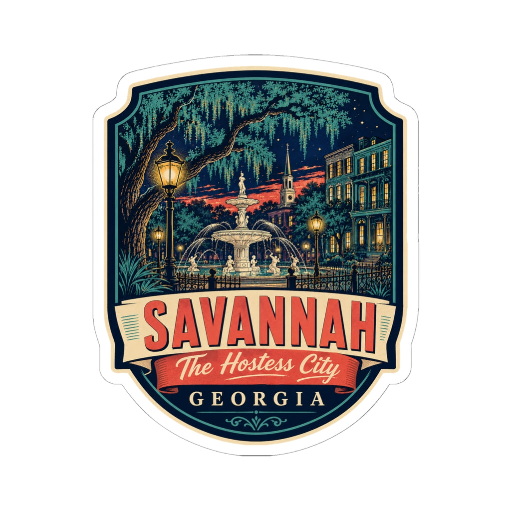 Savannah luggage tag sticker with nighttime street scene, SAVANNAH and The Hostess City Georgia