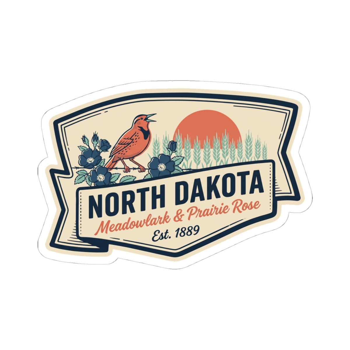 North Dakota kiss-cut vinyl sticker with vintage badge border, prairie rose, and wheat illustration