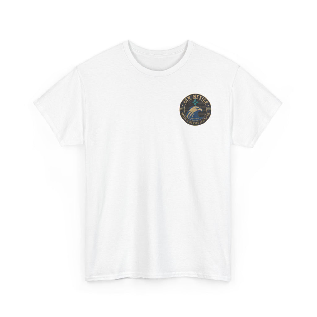 White crewneck tee with small circular chest logo