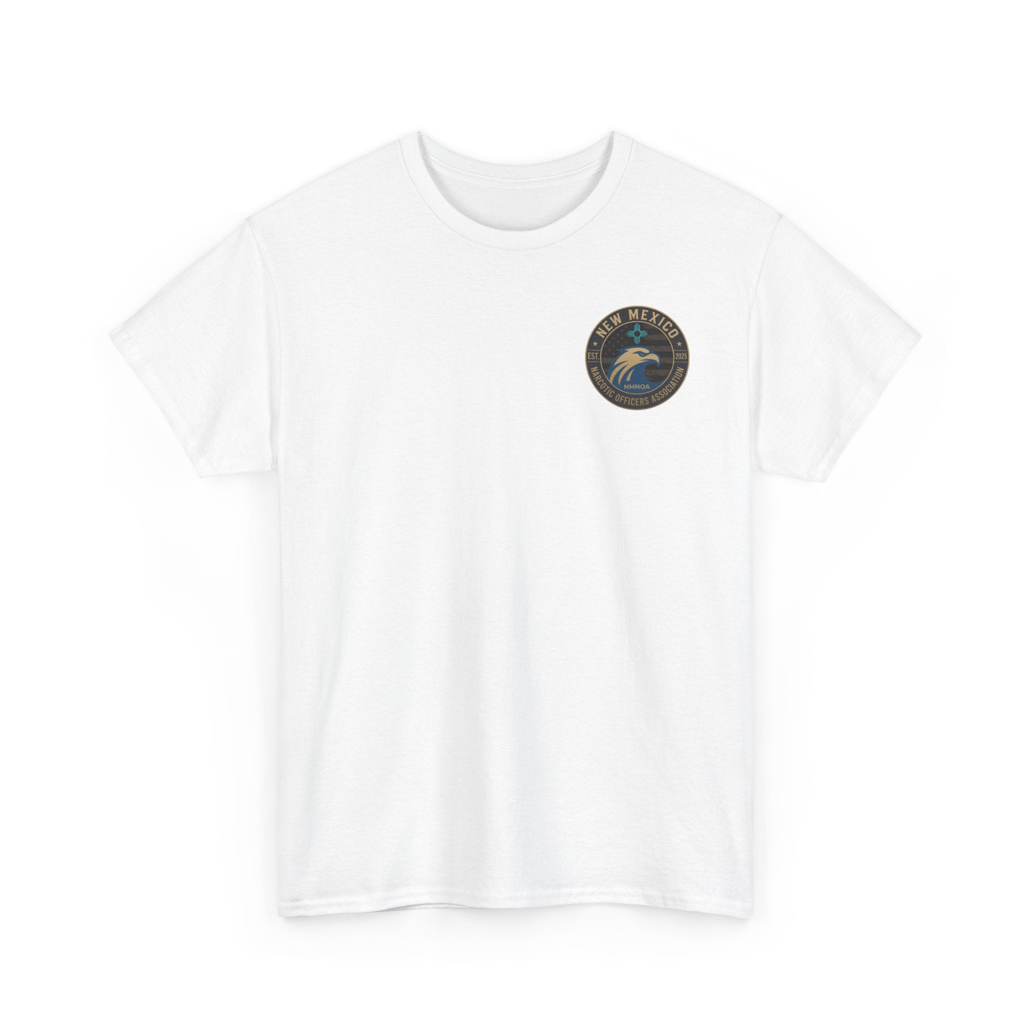 White crewneck tee with small circular chest logo