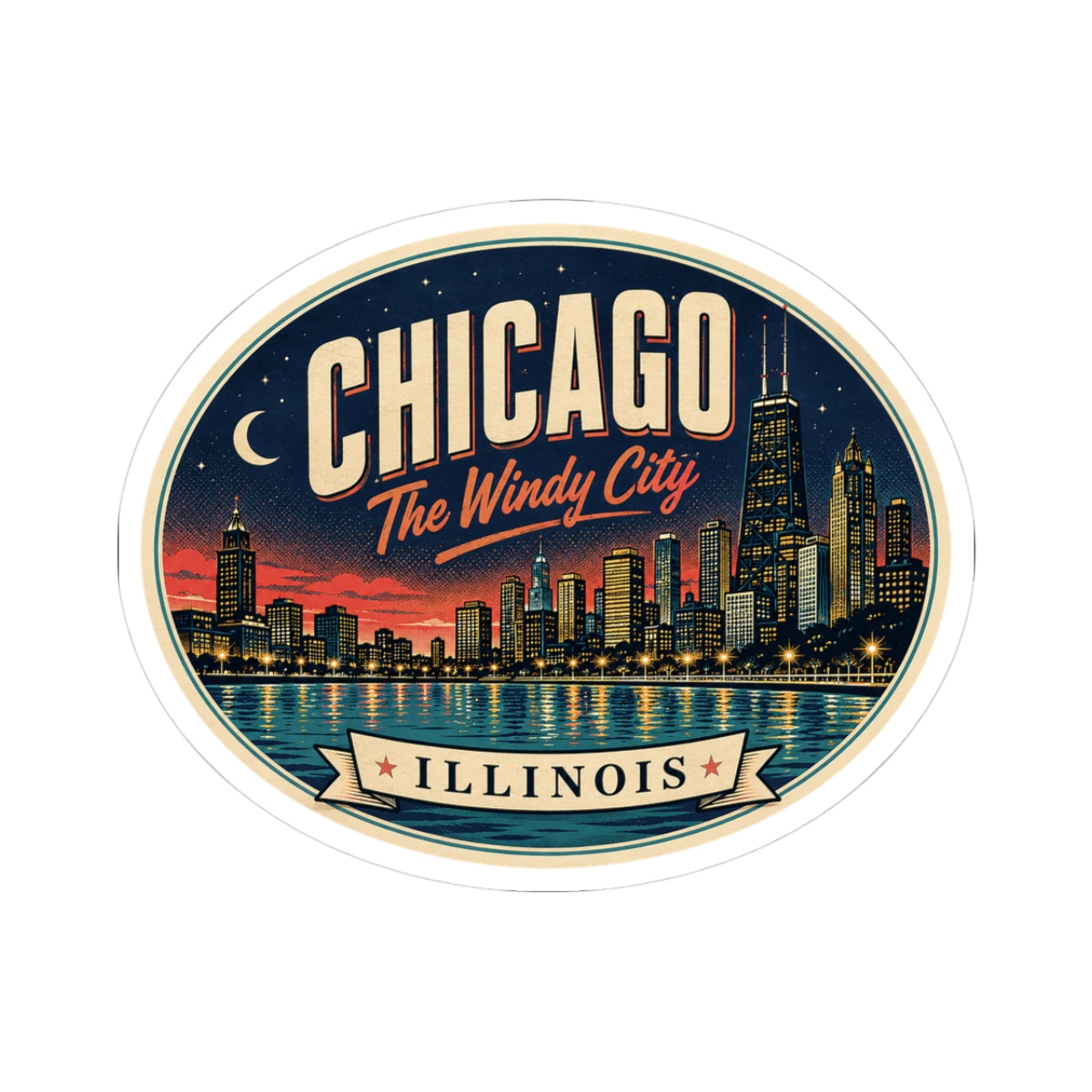Round Chicago Illinois luggage tag sticker, Windy City skyline with Chicago and Illinois lettering