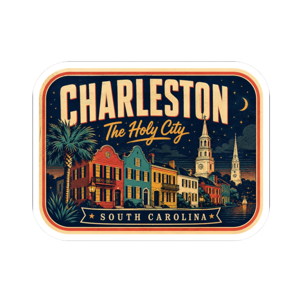 Luggage tag sticker, rounded rectangle showing Charleston skyline, 'The Holy City', and 'South Carolina'
