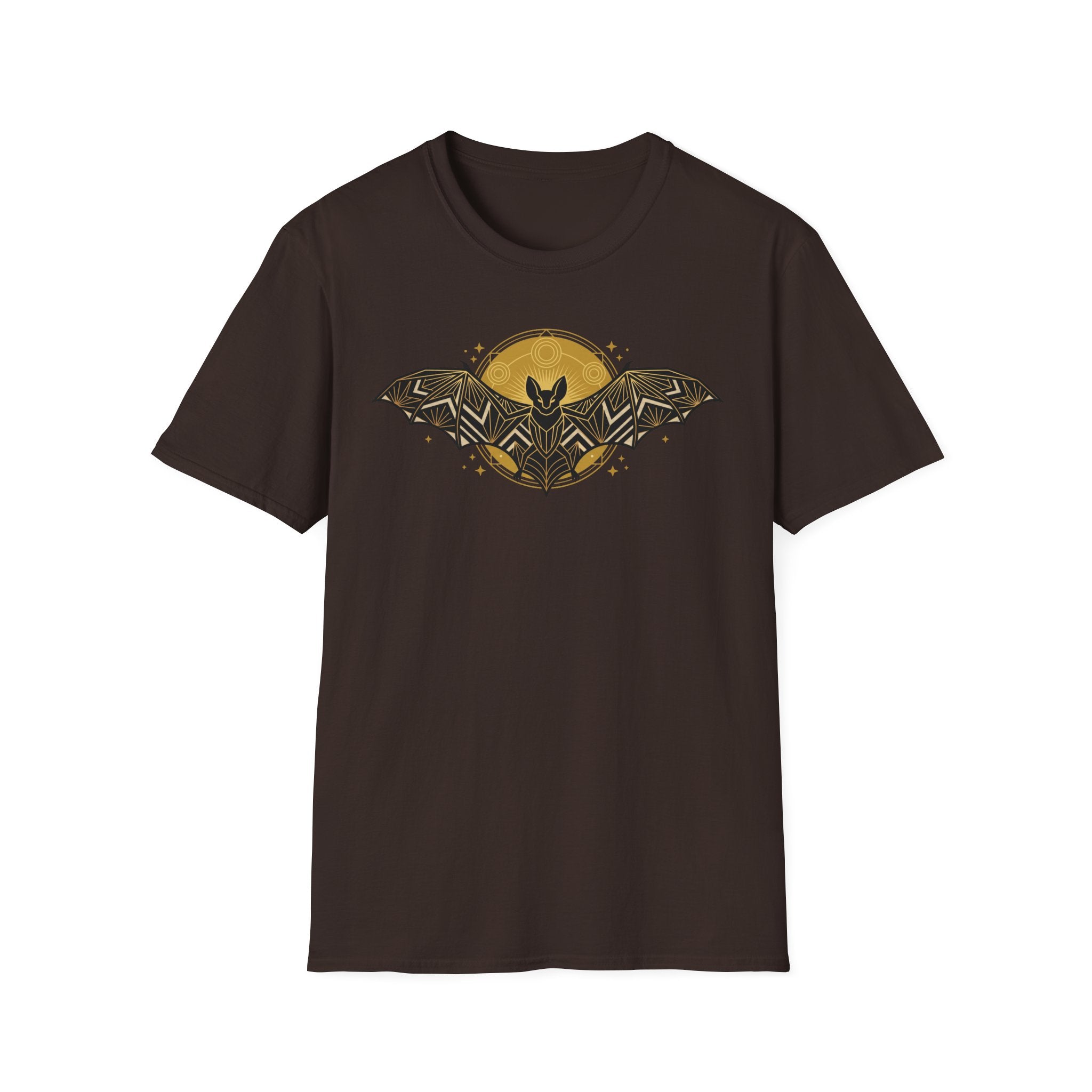 Dark chocolate T-shirt with gold geometric bat and moon graphic