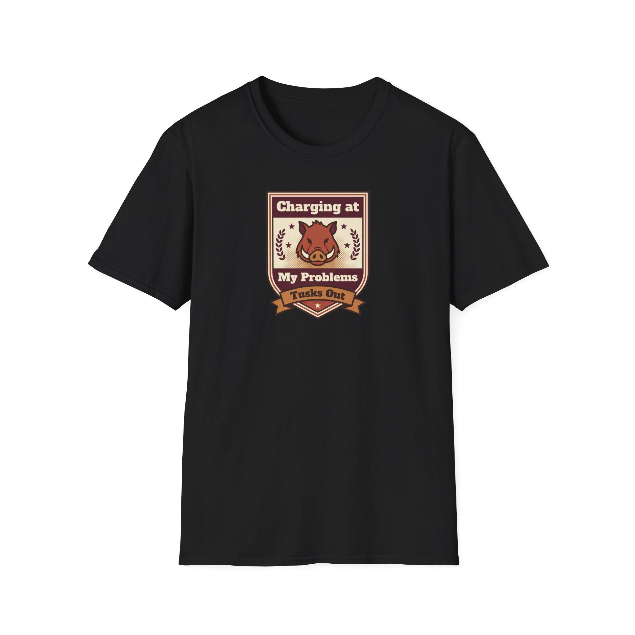 Funny Boar T-Shirt | Charging at My Problems Tusks Out Crest Graphic Tee | Wild Boar Lover Gift
