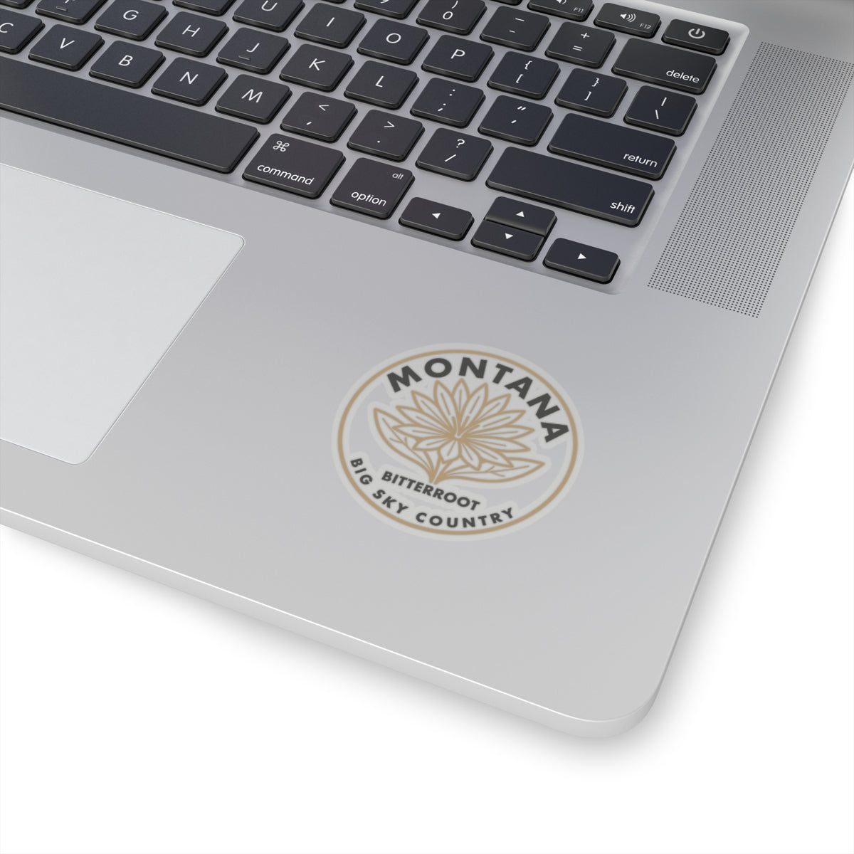 Montana bitterroot sticker on laptop lid, circular transparent vinyl decal