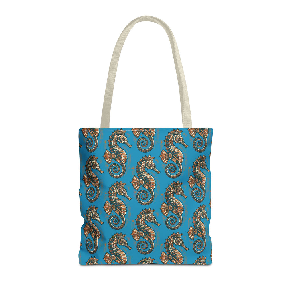 Ocean blue tote bag with steampunk seahorse all-over pattern and light beige handles