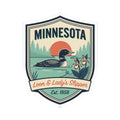 Crest-style Minnesota sticker with illustrated loon, lady's slipper flowers, and Est. 1858