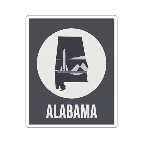 Square Alabama outline sticker with dark background, white circle emblem, and “ALABAMA” text