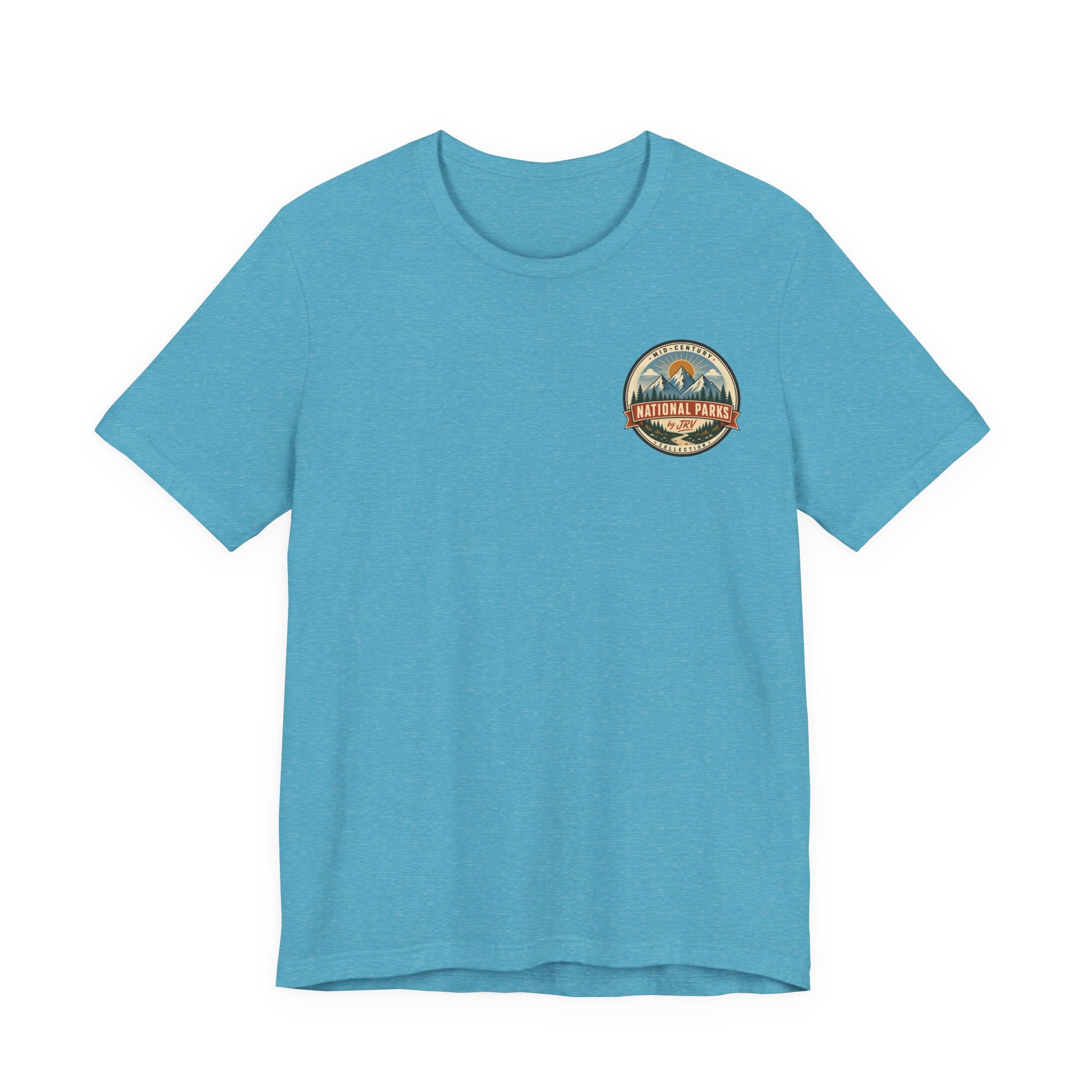 Heather aqua crew-neck T-shirt with small circular Grand Canyon Arizona graphic on chest