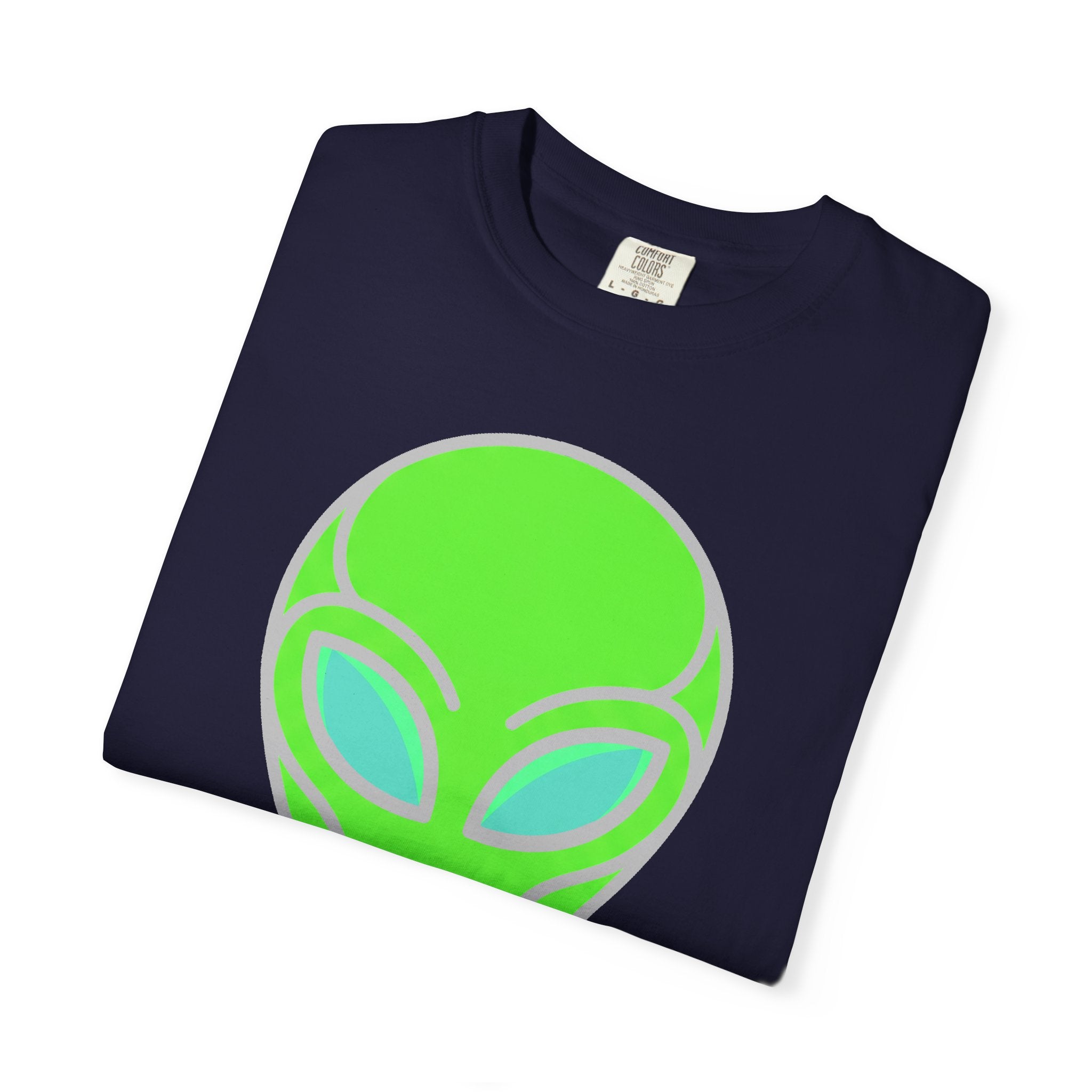 Navy alien visitor T-shirt with neon green UFO face graphic, crew neck