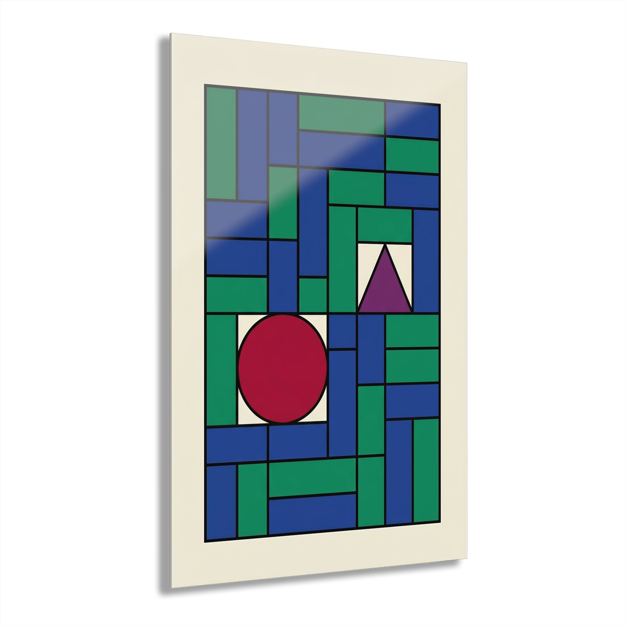 Geometric grid wall art: interlocking blue-green blocks with a red circle and purple triangle