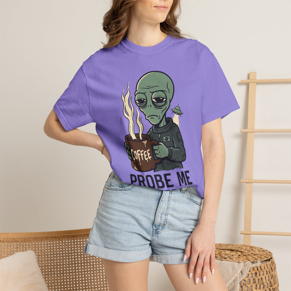 Lavender T-shirt with alien holding coffee graphic and 'PROBE ME' text