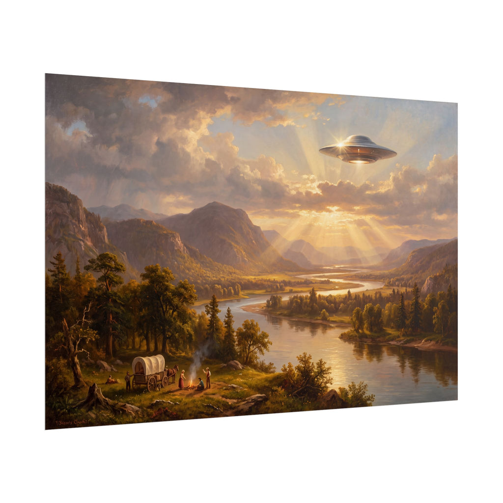 Landscape sunset poster, close view: UFO hovering over river valley and trees