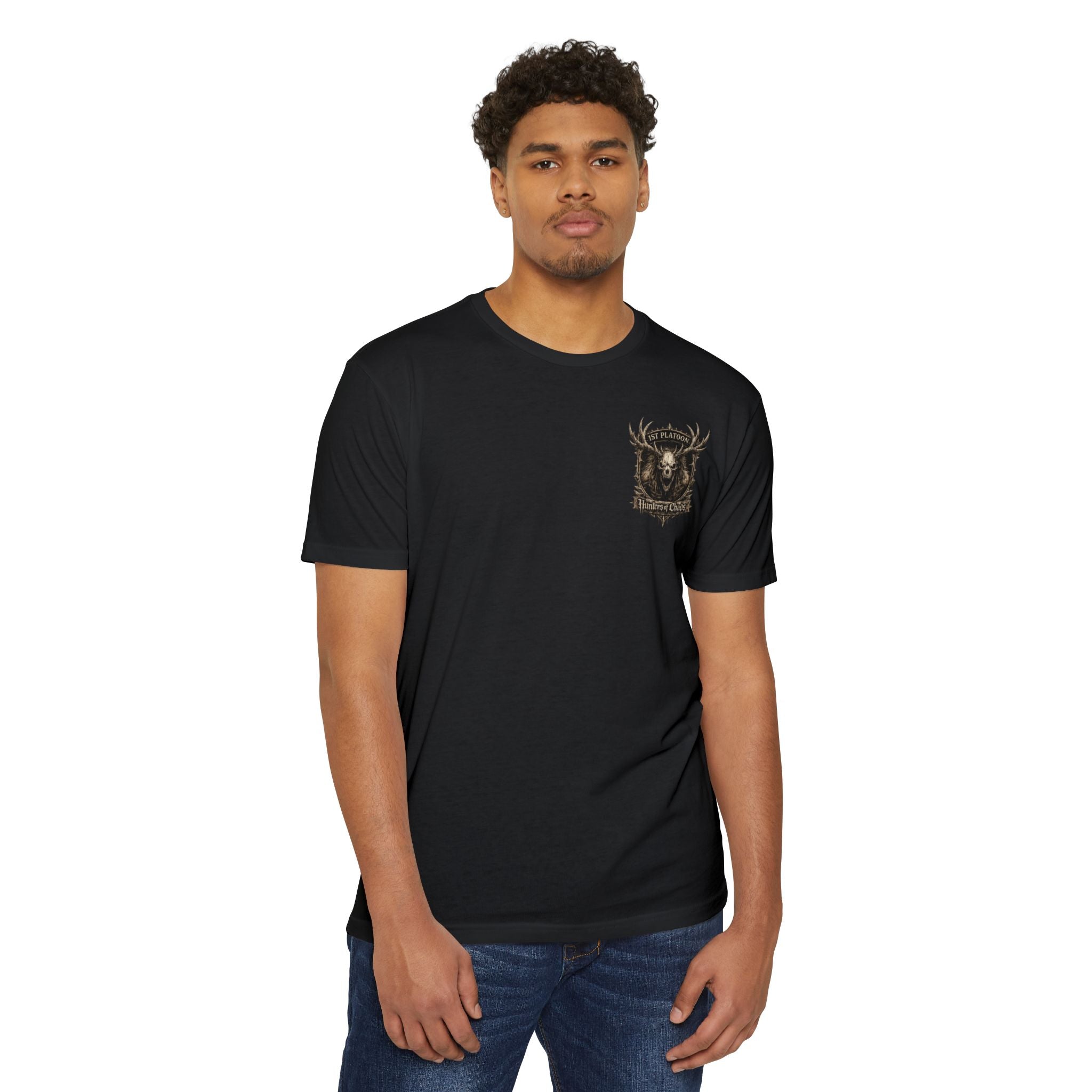 Black T-shirt with small left-chest 'Hunters of Chaos' deer logo