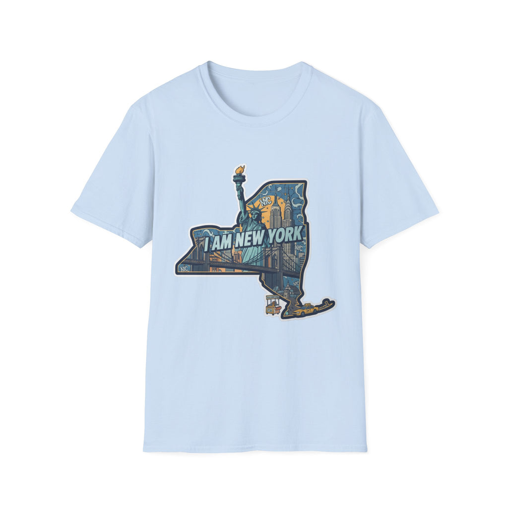 Light blue I Am New York T-shirt with NYC skyline state graphic