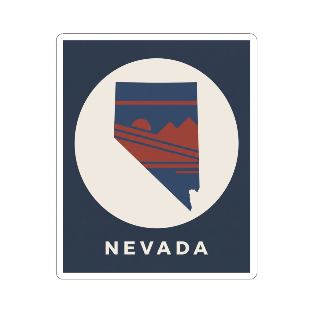 Nevada state kiss-cut sticker with circular Nevada silhouette, red/blue striped retro mountains