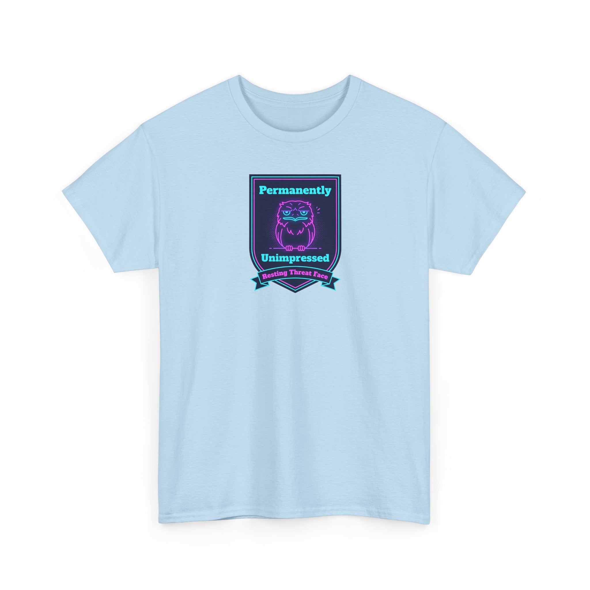 Permanently Unimpressed Badge Tee | Retro Neon Robot Design