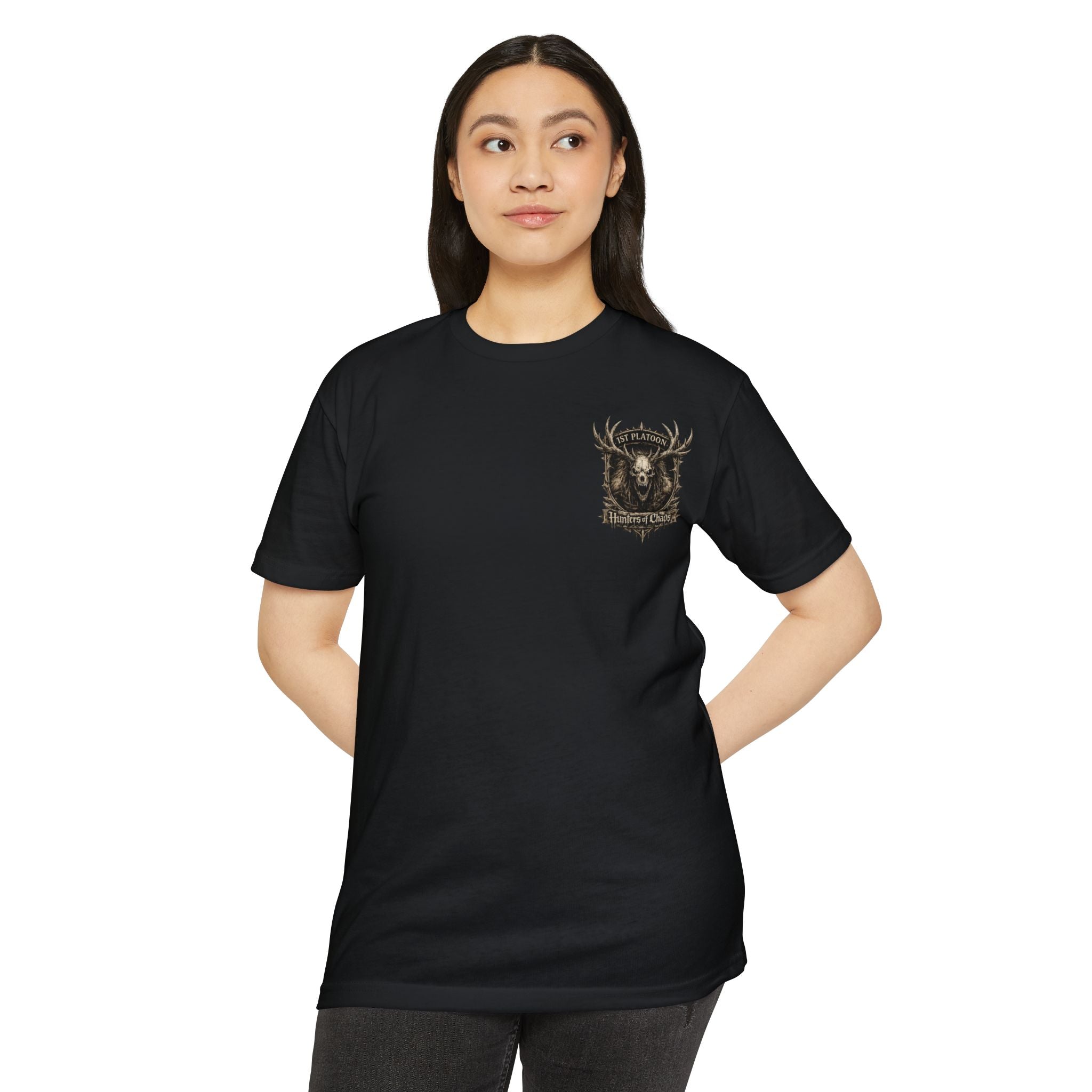 Black crew-neck T-shirt with small left-chest 'Hunters of Chaos' graphic