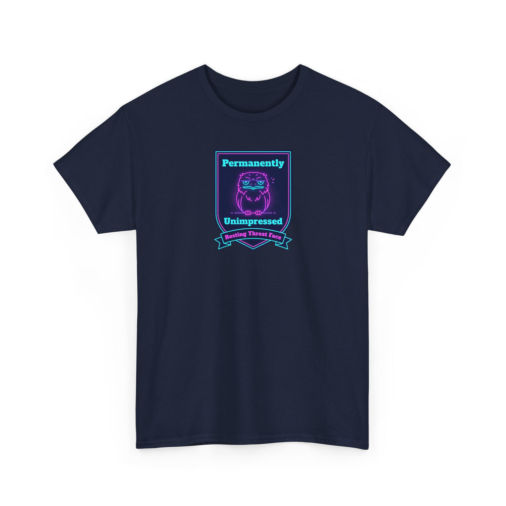 Permanently Unimpressed Badge Tee | Retro Neon Robot Design