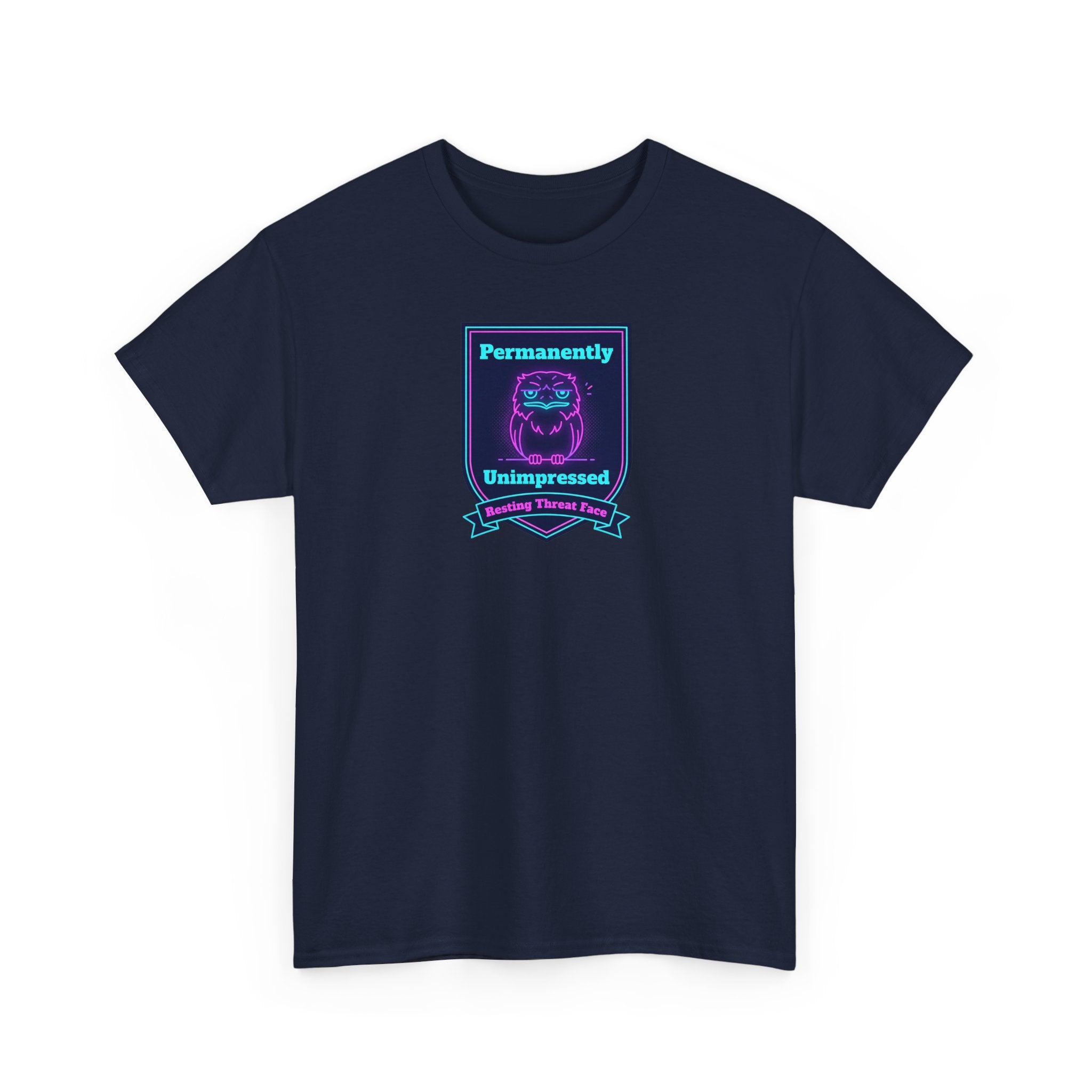 Permanently Unimpressed Badge Tee | Retro Neon Robot Design