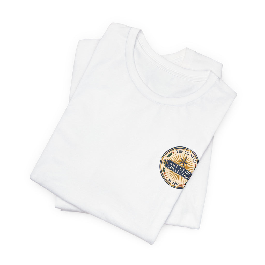 White T-shirt set with small circular badge on left chest