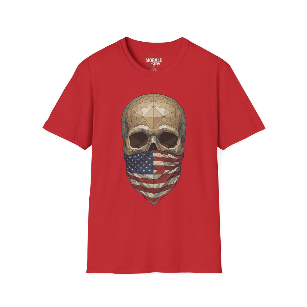 Geometric skull T-shirt with American flag bandana print on red crewneck