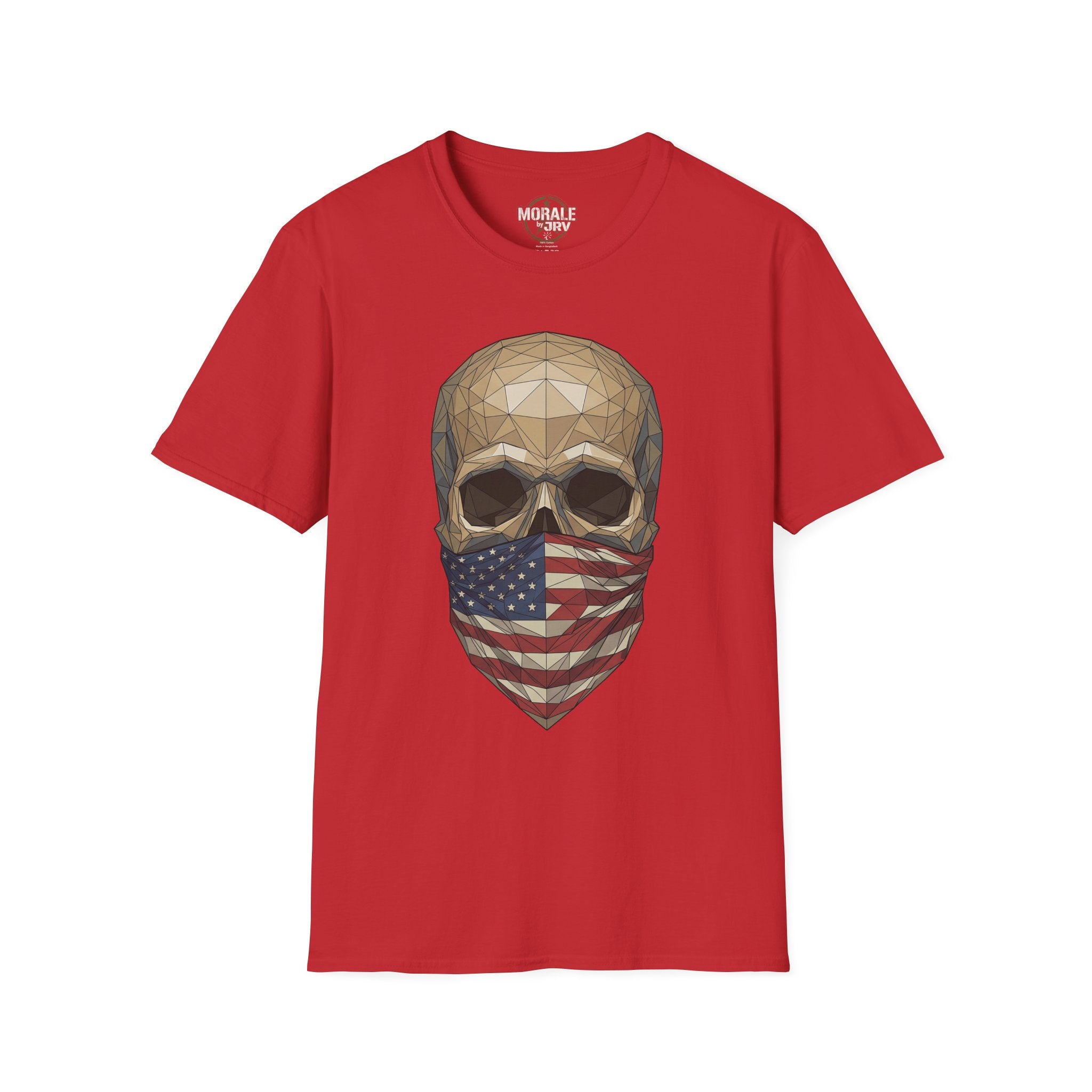 Geometric skull T-shirt with American flag bandana print on red crewneck