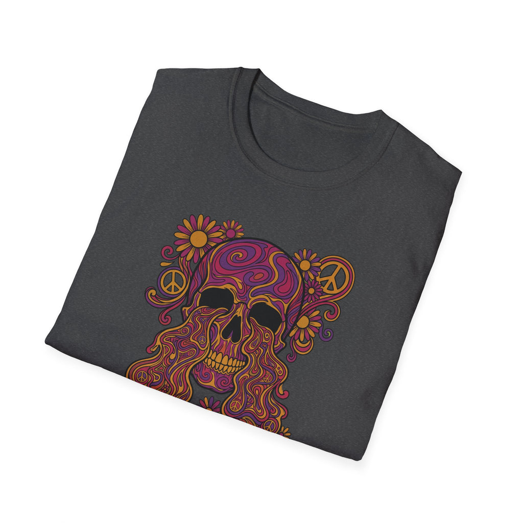 Dunkelgraues T-Shirt mit Totenkopf-Grafik aus Psychedelic-Blumen und Friedenszeichen