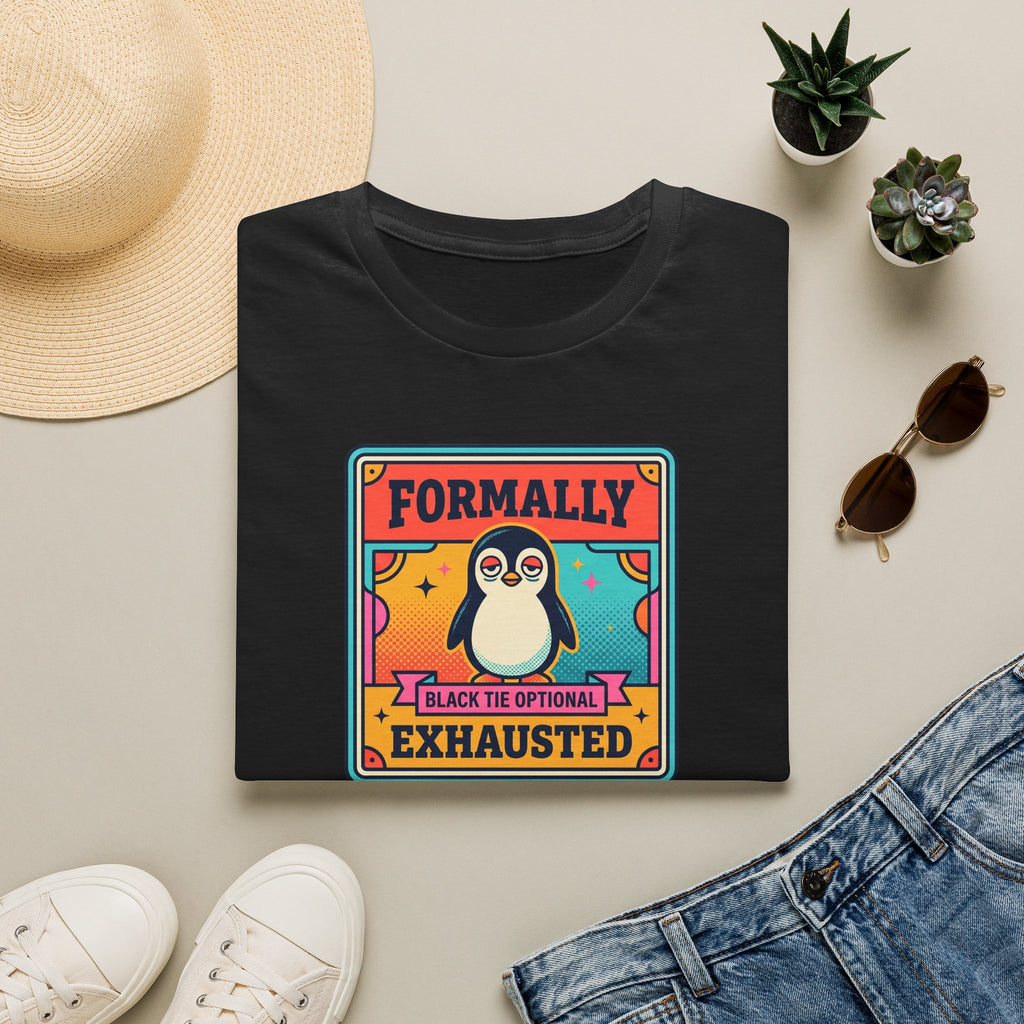 Funny Penguin T-Shirt | Formally Exhausted Black Tie Optional Retro Graphic Tee | Penguin Gift