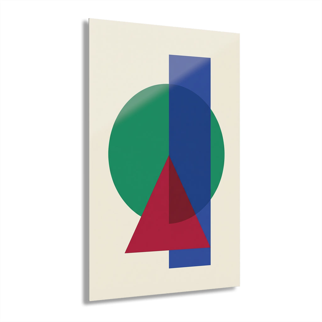 Modern geometric wall art featuring green, blue, and red forms with a vertical blue panel.